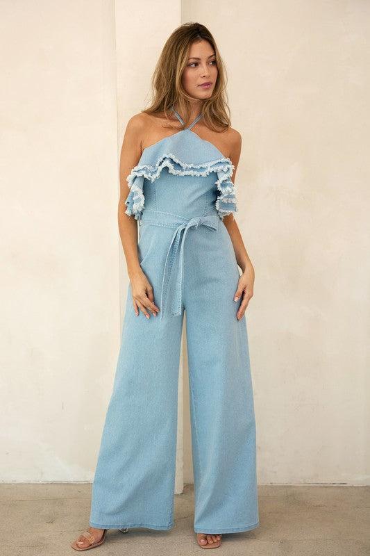 Denim Double Frayed Ruffle Halter JumpsuiT - PRIVILEGE 