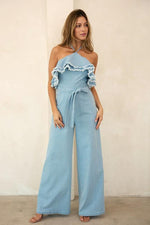 Denim Double Frayed Ruffle Halter JumpsuiT - PRIVILEGE 