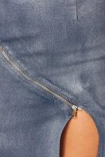 METALIC DENIM  WASH 2 PC MAXI SKIRT  SET WITH CROP TOP - PRIVILEGE 