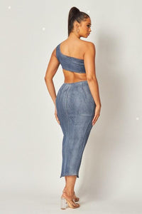 METALIC DENIM  WASH 2 PC MAXI SKIRT  SET WITH CROP TOP - PRIVILEGE 