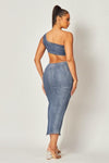 METALIC DENIM  WASH 2 PC MAXI SKIRT  SET WITH CROP TOP - PRIVILEGE 