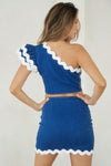DENIM 2PC MINI SKIRT WITH ONE SLEEVE TOP LACE APPLIQUE DETAIL - PRIVILEGE 