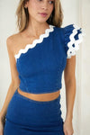 DENIM 2PC MINI SKIRT WITH ONE SLEEVE TOP LACE APPLIQUE DETAIL - PRIVILEGE 