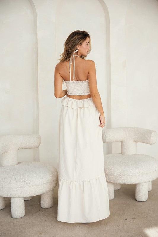 Cut-Out Ruffled Maxi Halter Dress - PRIVILEGE 
