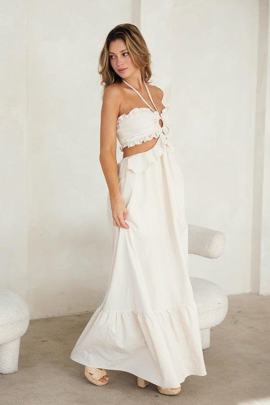 Cut-Out Ruffled Maxi Halter Dress - PRIVILEGE 