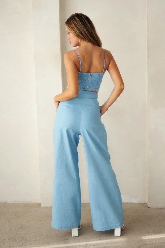 Denim look tie front top with flare pants 2 pc set - PRIVILEGE 