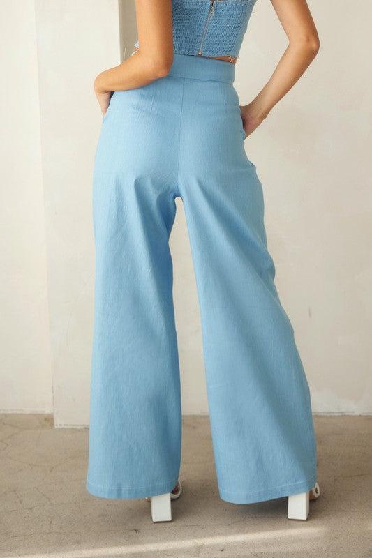 Denim look tie front top with flare pants 2 pc set - PRIVILEGE 