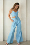 Denim look tie front top with flare pants 2 pc set - PRIVILEGE 