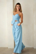 Denim look tie front top with flare pants 2 pc set - PRIVILEGE 