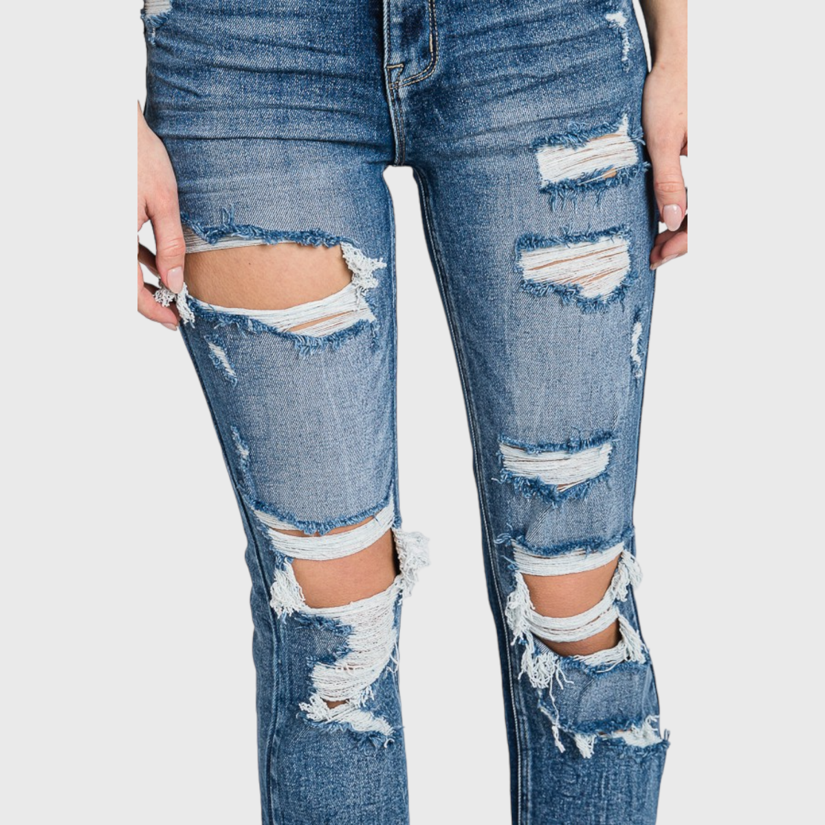 Destroyed Super High Rise Slim Straight Jeans — Medium Wash