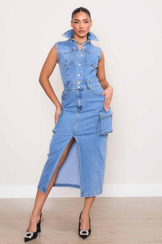 Cargo Pockets Denim Dress - PRIVILEGE 