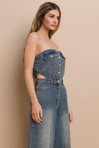 DENIM TUBE CUT OUT FULL LENGTH JUMPSUIT - PRIVILEGE 