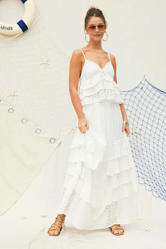 Eyelet Ruffle Maxi Skirt with crop top set PRIVILEGE
