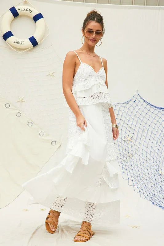 Eyelet Ruffle Maxi Skirt with crop top set PRIVILEGE
