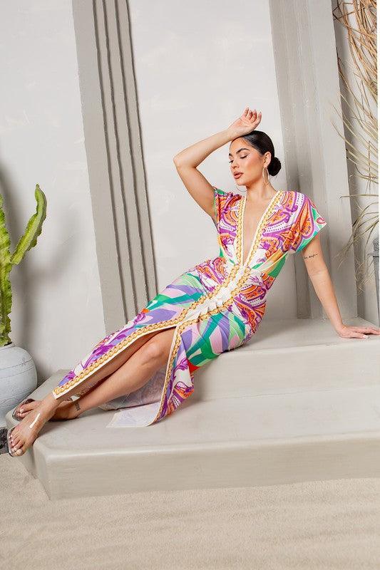Deep V-neck pleats midi dress - PRIVILEGE 