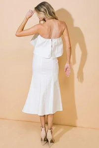 SEXY 2PC DENIM CROP OFF SHOULDER TOP WITH HOUR GLASS MAXI SKIRT - PRIVILEGE 