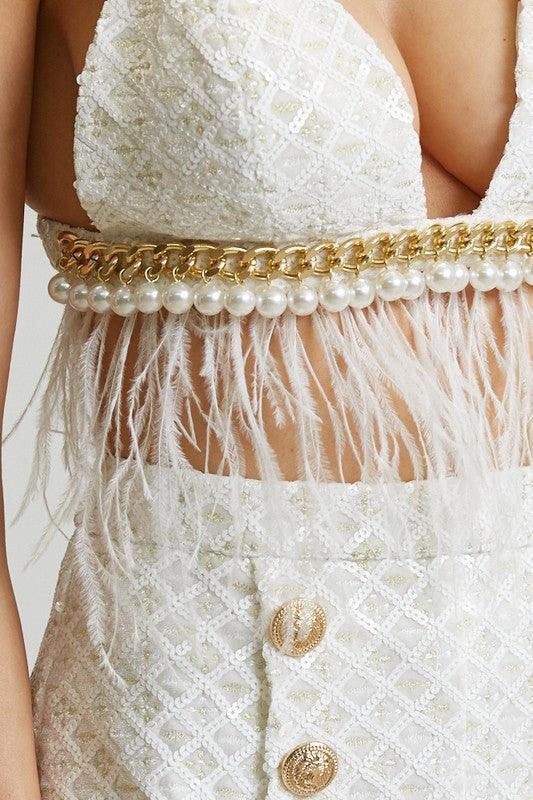 CHAIN PEARL FEATHER bra top with shorts - PRIVILEGE 