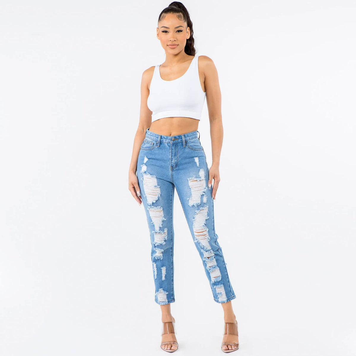 HIGH WAIST DISTRESSED BOYFRIEND JEANS-RJH20486
