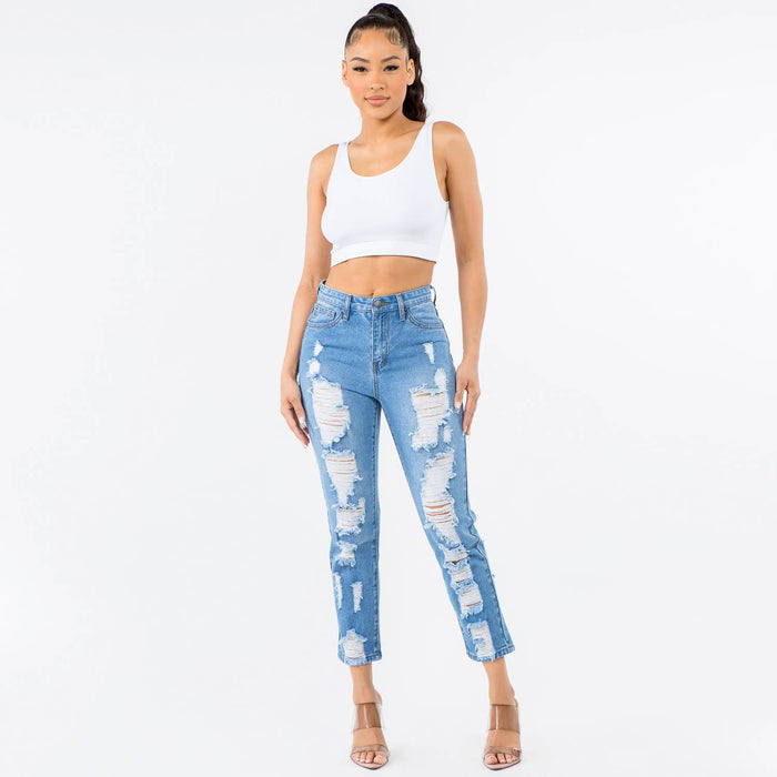 HIGH WAIST DISTRESSED BOYFRIEND JEANS-RJH20486