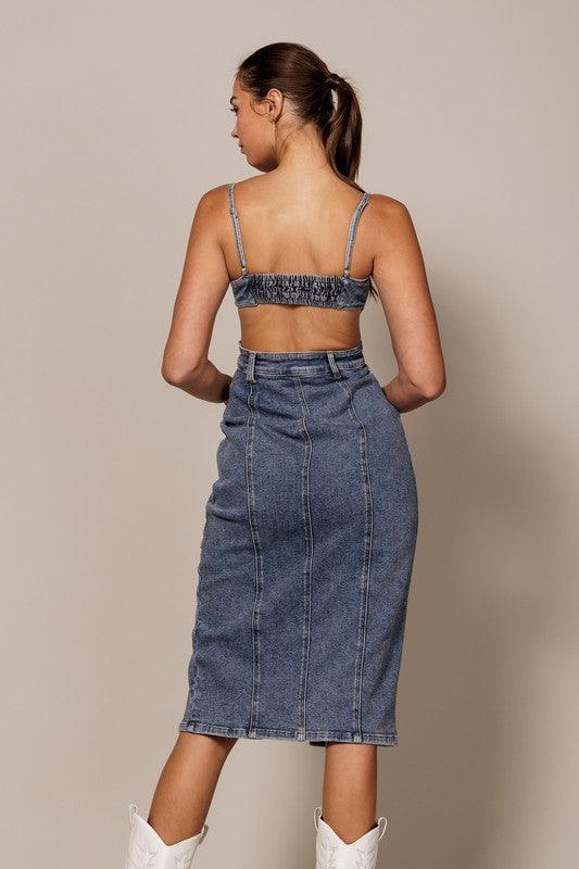 TANK  DENIM BUTTON DOWN MIDI DRESS - PRIVILEGE 