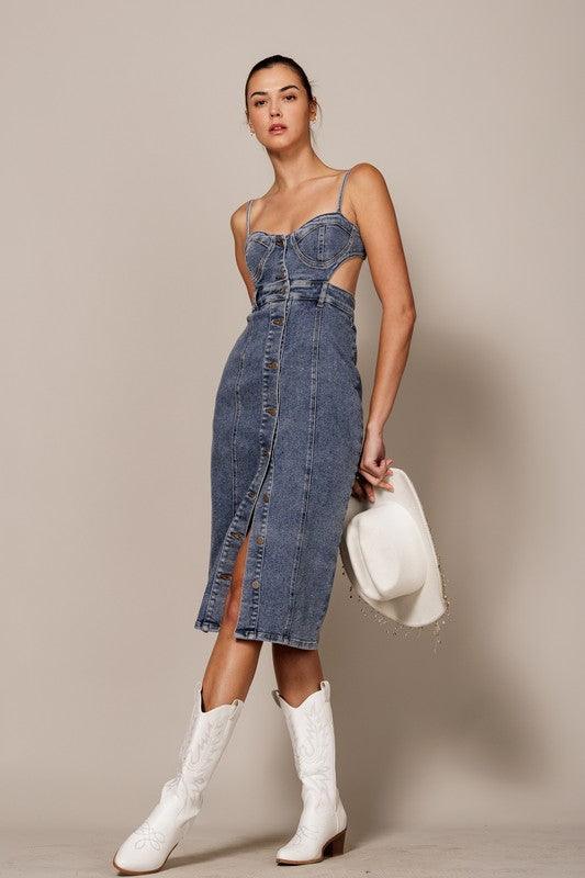 TANK  DENIM BUTTON DOWN MIDI DRESS - PRIVILEGE 