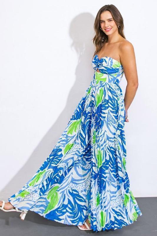 PRINTED CENTER CUT PLEATED SMOCKED BACK JUMPSUIT - PRIVILEGE 
