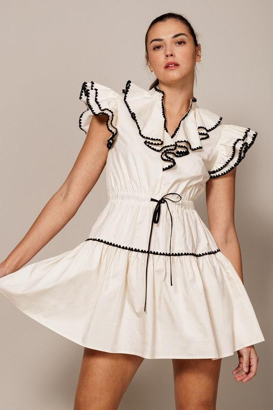 RUFFLE COLLAR AND SLEEVE MINI DRESS WITH WAIST TIE - PRIVILEGE 