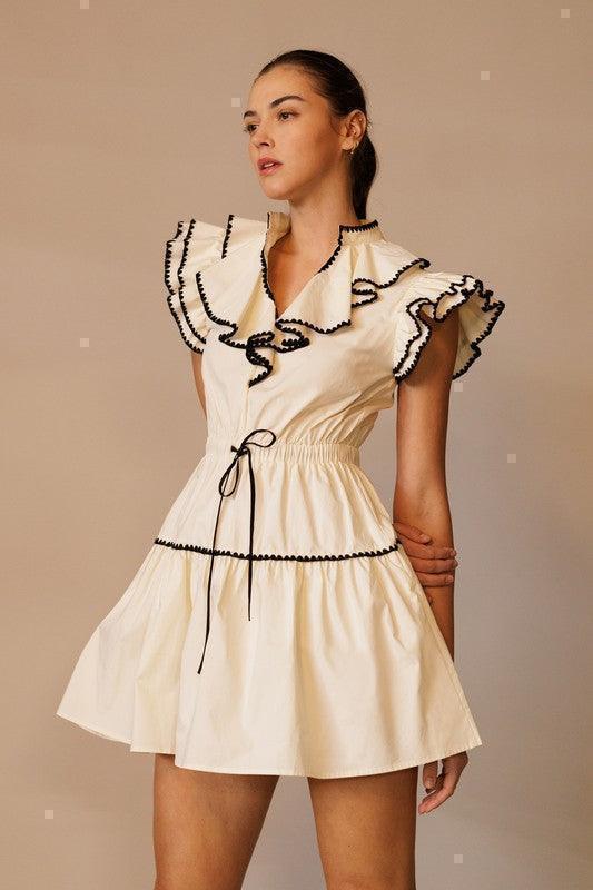 RUFFLE COLLAR AND SLEEVE MINI DRESS WITH WAIST - PRIVILEGE 
