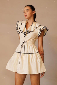 RUFFLE COLLAR AND SLEEVE MINI DRESS WITH WAIST - PRIVILEGE 