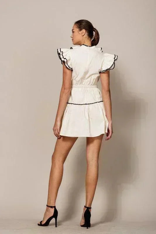 RUFFLE COLLAR AND SLEEVE MINI DRESS WITH WAIST TIE - PRIVILEGE 