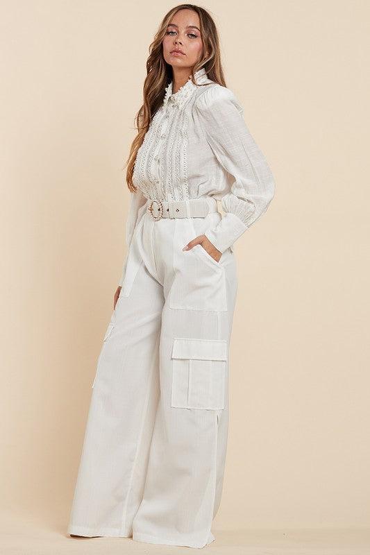 White Classy and Comfortable Delicate Lace Cargo pant and top - PRIVILEGE 