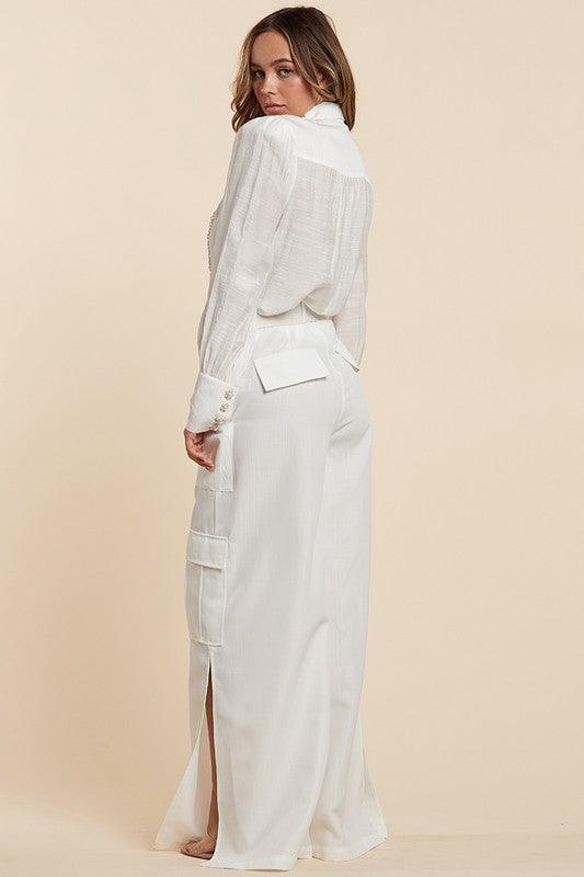 White Classy and Comfortable Delicate Lace Cargo pant and top - PRIVILEGE 