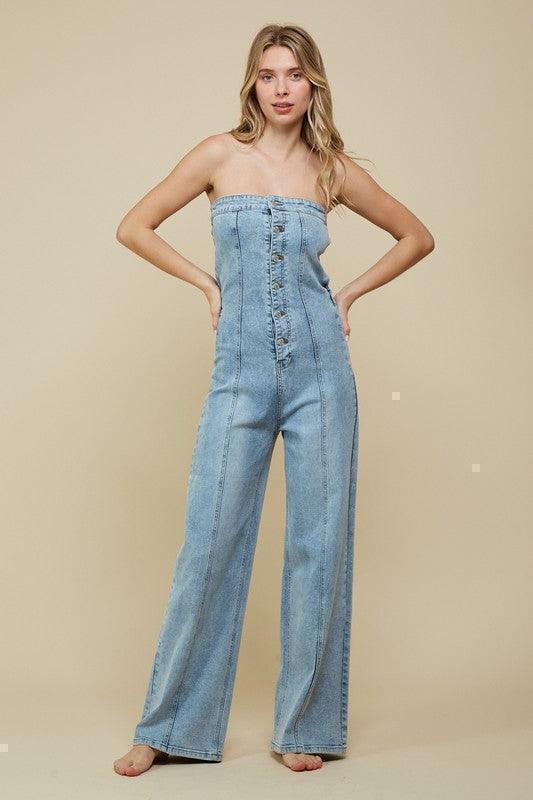 DENIM TUBE TOP WIDE JUMPSUIT - PRIVILEGE 