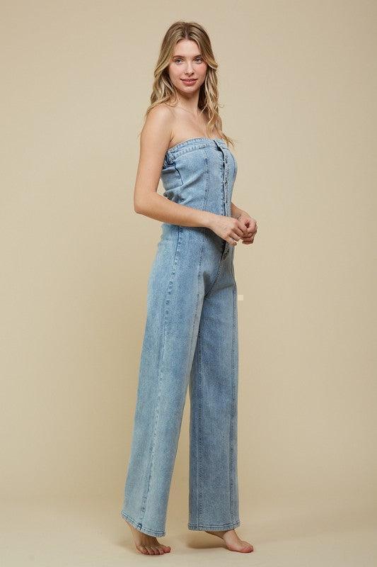 DENIM TUBE TOP WIDE JUMPSUIT - PRIVILEGE 