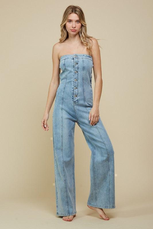 DENIM TUBE TOP WIDE JUMPSUIT - PRIVILEGE 