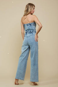 DENIM TUBE TOP WIDE JUMPSUIT - PRIVILEGE 