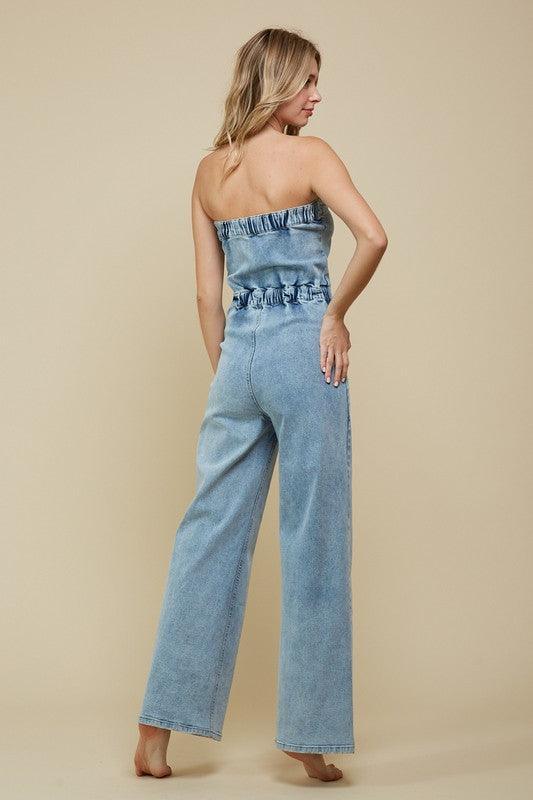 DENIM TUBE TOP WIDE JUMPSUIT - PRIVILEGE 