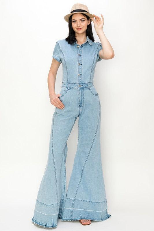 WIDE LEG DENIM JUMPSUIT - PRIVILEGE 
