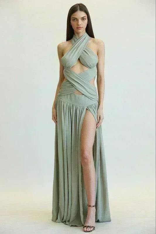criss cross front long dress Criss-cross Chartreuse Ruched A-line Halter Sleeveless Long Prom Dress, Sage Green / 2