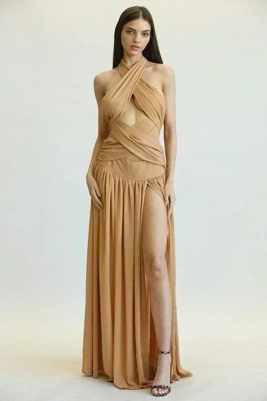 CRISS-CROSS FRONT SOLID MAXI DRESS - PRIVILEGE 