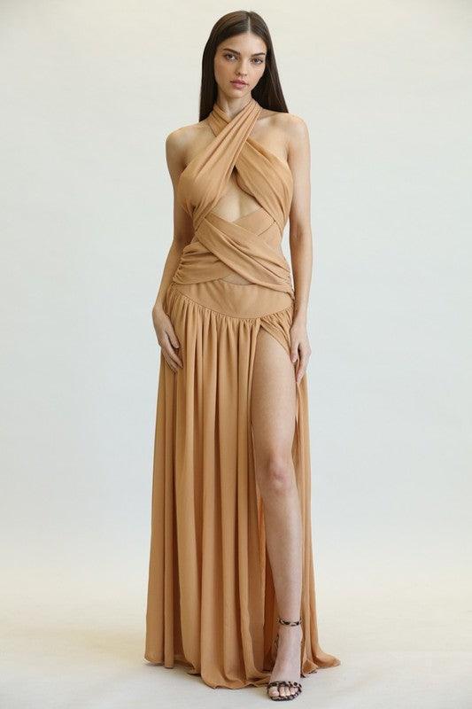 CRISS-CROSS FRONT SOLID MAXI DRESS - PRIVILEGE 