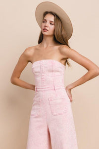 WIDE LEG MINERAL WASH TUBE TOP DENIM JUMPSUIT - PRIVILEGE 