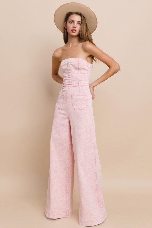 WIDE LEG MINERAL WASH TUBE TOP DENIM JUMPSUIT - PRIVILEGE 