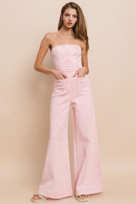WIDE LEG MINERAL WASH TUBE TOP DENIM JUMPSUIT - PRIVILEGE 