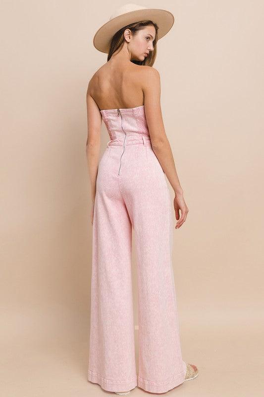 WIDE LEG MINERAL WASH TUBE TOP DENIM JUMPSUIT - PRIVILEGE 