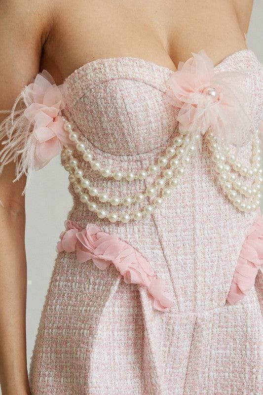 TULLE PEARL TRIM TWEED ROMPER - PRIVILEGE 