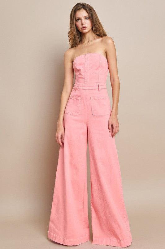 OFF SHOULDER WIDE LEG DENIM JUMPSUIT - PRIVILEGE 