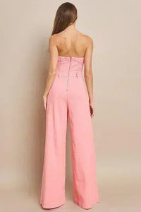 OFF SHOULDER WIDE LEG DENIM JUMPSUIT - PRIVILEGE 