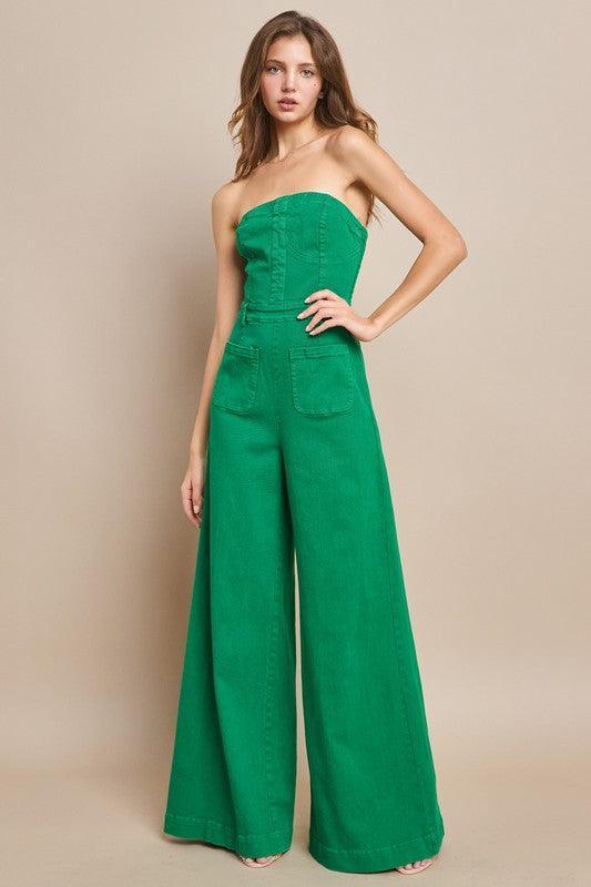 OFF SHOULDER WIDE LEG DENIM JUMPSUIT - PRIVILEGE 