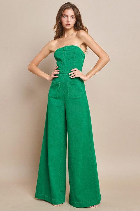 OFF SHOULDER WIDE LEG DENIM JUMPSUIT PRIVILEGE